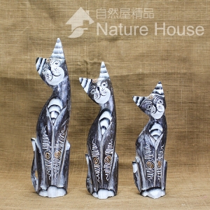 【自然屋精品】彩繪木雕貓咪組-3入 彩繪貓咪 貓咪 貓 木雕動物 鄉村風 原木貓咪 自然風 巴里島風 飾品 Cat
