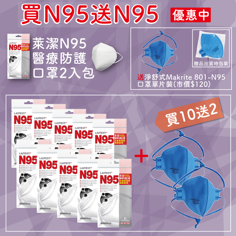 【醫康生活家】買N95送N95 ►LAITEST萊潔N95醫療防護口罩-成人用(2入/袋) ►買十送二優惠中