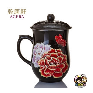 【收藏天地】乾唐軒活瓷系列＊盛世牡丹高杯-黑釉款／按摩 舒緩 碧璽 電氣石 養生 健康 負離子