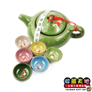 【收藏天地】台灣紀念品＊冰裂花紋金魚茶杯茶壺組
