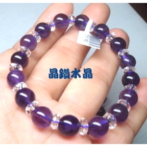 【晶鑽水晶】天然紫水晶+白水晶手鍊 8mm 圓珠 加強考運