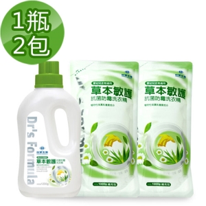 《台塑生醫》Dr’s Formula草本敏護抗菌防霉洗衣精超值組(1瓶+2包)