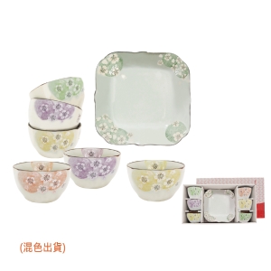 手造方口櫻花6碗＋1荷口櫻花盤-混色出貨
