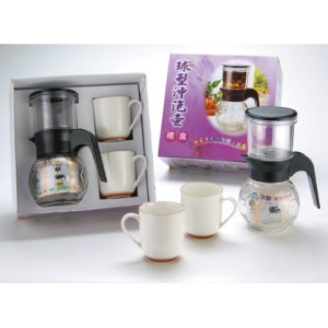 600cc球型沖泡壺＋2入瓷杯-台製