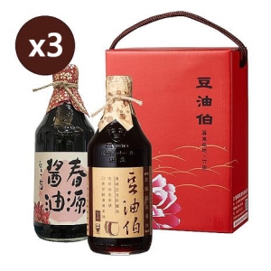 精選伴手禮盒-豆油伯 春源缸底經典醬油2入牡丹禮盒組(缸底500ml+春源黑豆醬油500ml)X3組
