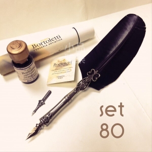 義大利 Bortoletti set80 羽毛沾水筆＋沾水筆尖＋沾水筆墨水一瓶 組合（nero黑色羽毛款）21501168084466 / 組