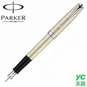【派克 PARKER】商籟系列 純銀格珍珠白夾 鋼筆 18K 筆尖F  P0912340 /支