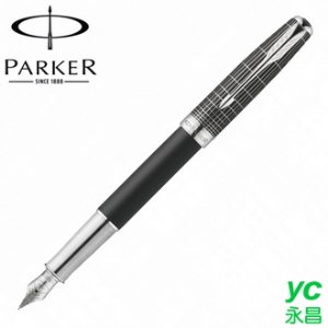 【派克 PARKER】商籟系列 墨黑格紋白夾 鋼筆 18K 筆尖F  P1930658 /支