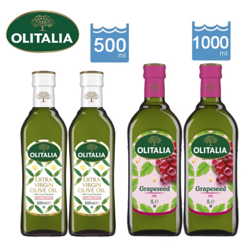 【Olitalia奧利塔】特級冷壓橄欖油500ml*2瓶+葡萄籽油1000ml*2瓶