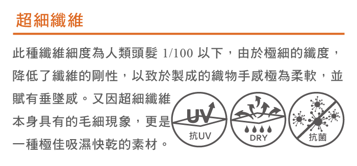 超細纖維此種纖維細度為人類頭髮 1/100 以下,由於極細的纖度,降低了纖維的剛性,以致於製成的織物手感極為柔軟,並賦有垂墜感。又因超細纖維本身具有的毛細現象,更是一種極佳吸濕快乾的素材。抗UVDRY抗菌